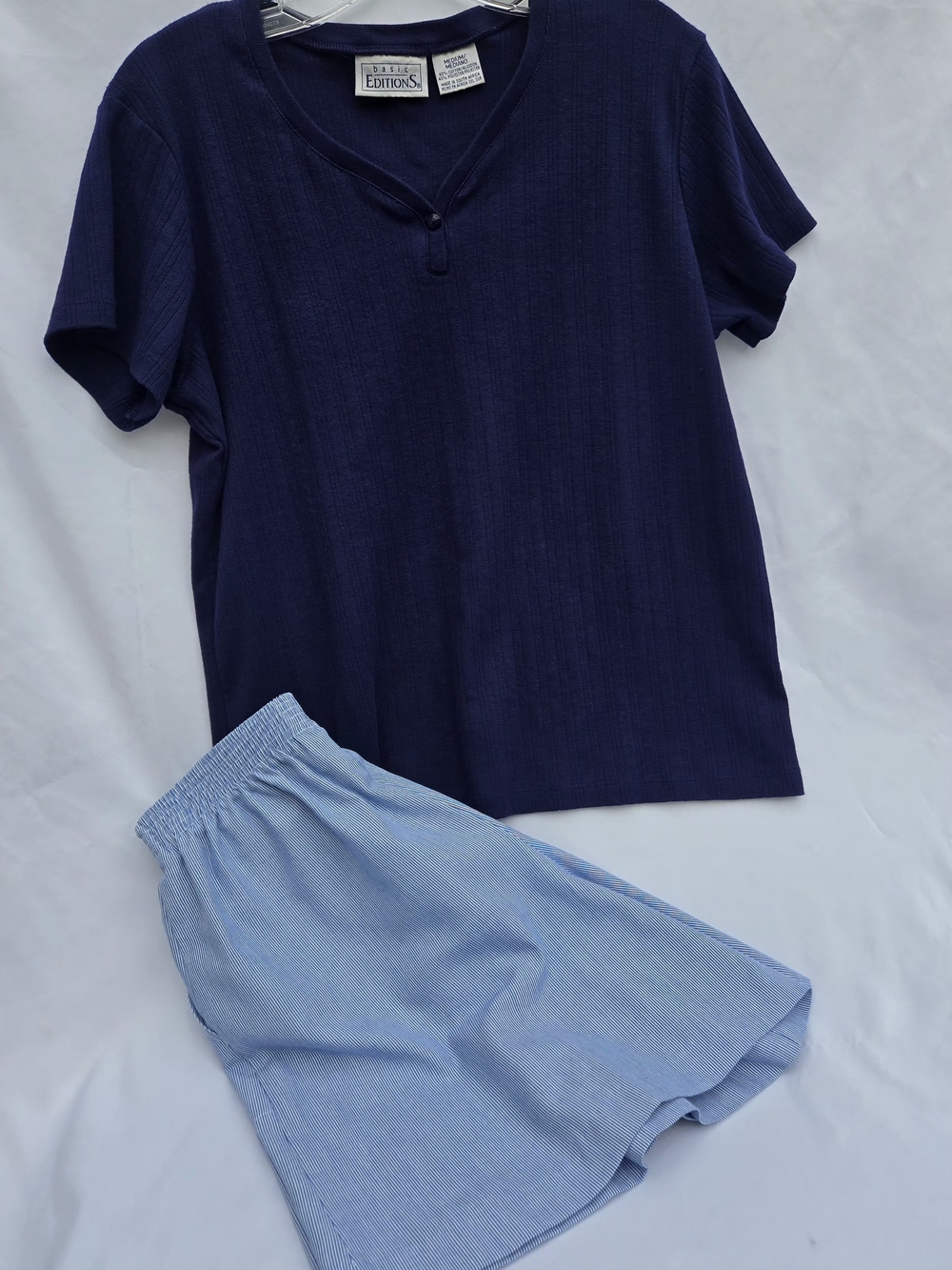 Editions/Land'n Sea Top & shorts Navy Top/Blue Pinstriped Shorts.